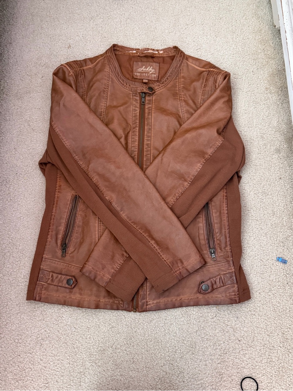 Adrienne Vittadini Chestnut Brown Faux Leather Jacket with Knit Panels